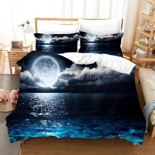 Night Full Moon Bedding Set Fashion Sea Wave 3D Print Comforter Luxury Duvet Cover Set Home Textile Decor Queen King Single Size