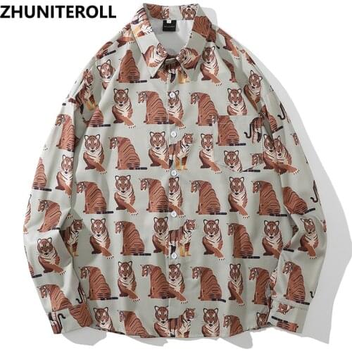 Harajuku 2021 Men Hawaiian Shirt Hip Hop Tiger Print Button Beach Shirt Summer Long Sleeve Aloha Shirt Fashion Streetwear Tops