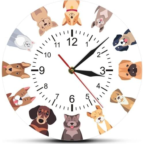 Different Purebred Dogs Cartoon Wall Clock Canine Home Decor Cool Dog Breed Printed Wall Art Kid Room Nursery Silent Wall Clock