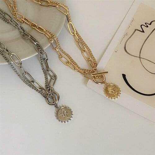 Origin Summer Temperament Head Portrait Coin Pendant Necklaces for Women Gold Chunky Link Chain Double Layered Chokers Necklace