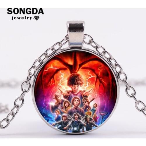 Stranger Things Souvenir Necklace TV Series Anime Style 6 Picture Print Glass Cabochon Pendant 4 Color Metal Chain Choker