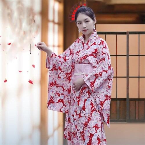 Kimono Dress Sakura Girl Traditional Japanese Costume Haori Women Yukata Bath Robe with Obi Evening Party Cosplay Halloween