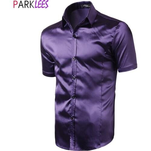 Purple Silk Satin Shirt Men 2020 Summer New Short Sleeve Slim Fit Mens Dress Shirts Casual Smooth Party Event Chemise Homme 2XL