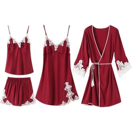 Daeyard Pajamas For Women Luxury Appliques 4Pcs Silk Pajamas Set Satin Pyjamas With Shorts Sexy Lace Pjs Sleepwear Home Clothes