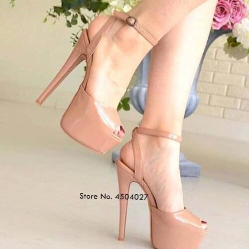 Nude Patent Leather Dress Pumps Thin High Heel Platform Open Toe Shoes Buckle Strap Slingback Wedding Shoes