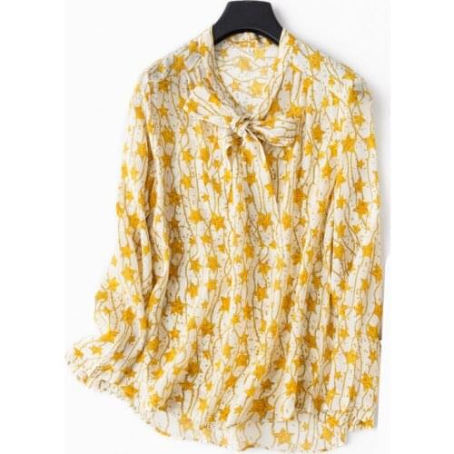Women Summer 100% Silk bowknot Blouse Long sleeve office wear casual natural silk blouses Yellow real silk shirt tops