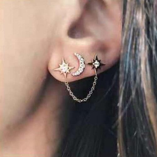 Women 2Pcs/Set Rhinestone Moon Star Chain Stud Earrings 3 Ear Holes Jewelry new