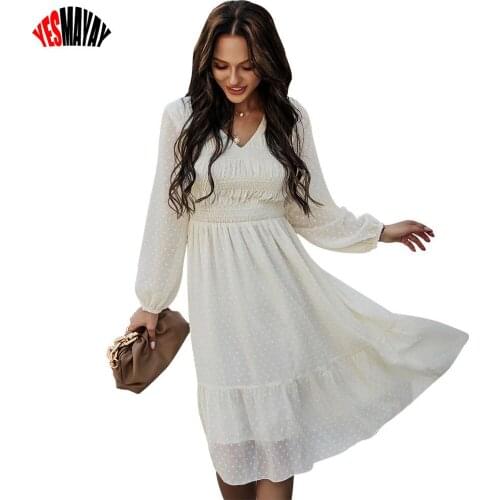 Women Dresses Elegant Spring Summer White Long Sleeve Maxi A-line Dress V-neck Office Ladies Beach Dress Female Vestidos Mujer