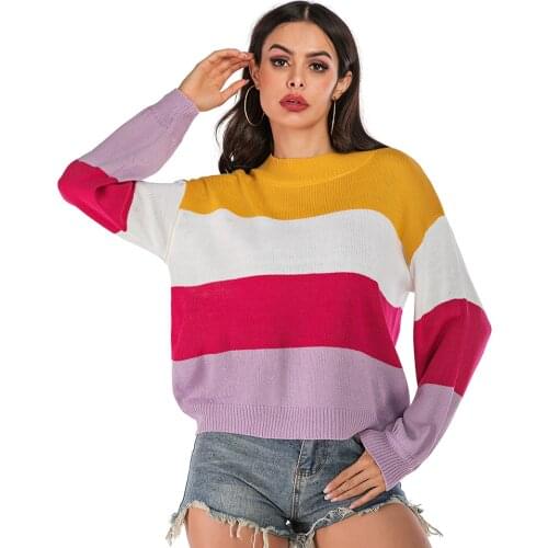 Color Pullovers Womens Sweater Crew Neck Stitching tops casual Long Sleeve Stripe Knitted Loose Sweaters Jumpers Clothing