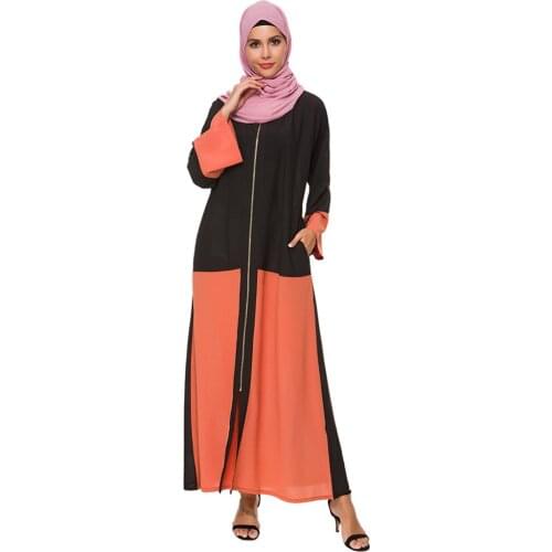 Muslim Women Long Dress Assorted Color Zipper Long Sleeve Casual Chiffon Plus Size Maxi Size Dubai Mid East Elegant Robe 2021