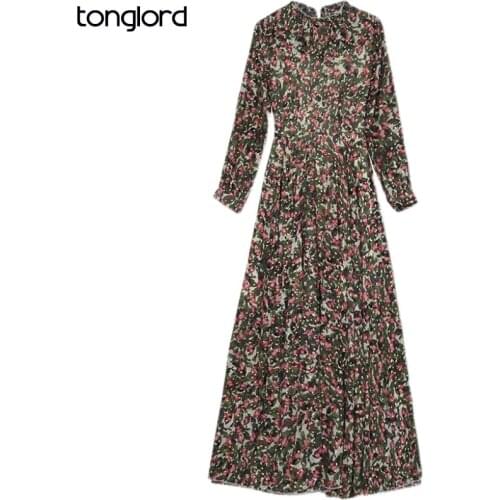 Women Floral Print Dress With Lining 2021 Autumn Long Sleeve Stand Collar Female Chiffon Maxi Dress Mujer Vestidos Plus Size 4XL