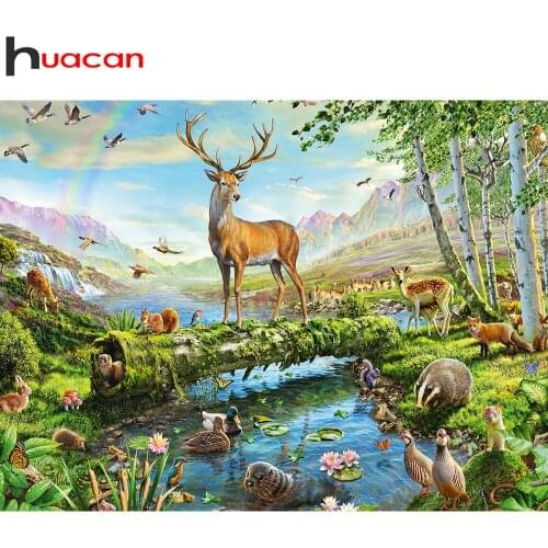 Huacan Diamond Painting Full Drill Deer Animals Diamond Art Embroidery Natural River Scenery Mosaic Home Decor