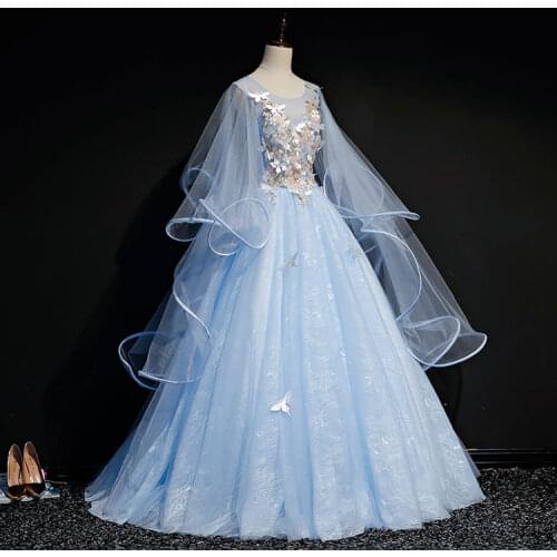 Light blue butterfly 3d embroidery ball gown cartoon vintage medieval dress Renaissance princess fairy costume Victoria dress