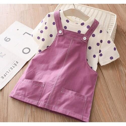 Free shipping 2021 Girls Clothing Set Summer Baby Girls Clothes sets girl dots printing t-shirt+Overalls dress girls Causal suit