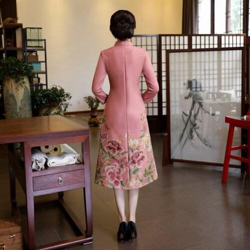 Long Sleeve Cheongsam Qipao Chinese Oriental Long Dresses Velvet Dress Women Winter 2018 Flora Print Chinese Traditional Dress