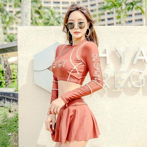 2020 Swimsuit Womens Two-Piece Skirt-Style Stand-Up Collar Zipper Mesh Splicing Long-Sleeved Independent Square Shorts Out