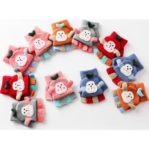 Cute Cartoon Winter Kids Gloves Warm Half Finger Children Baby Girl Boy Mittens Striped Children Toddler Gloves