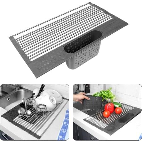 Multi-Use Kitchen Drying Rack Over Sink Roll-up Dish Drying Rack Foldable Fruit Vegetable Meat Organizer Tray Drainer Dropship