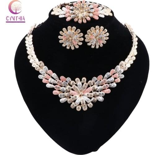 CYNTHIA Dubai Fashion Jewelry Sets Flower Shape Necklace Bracelet Earrings Ring Crystal Jewelry Dubai Bridal Wedding Jewelry Set