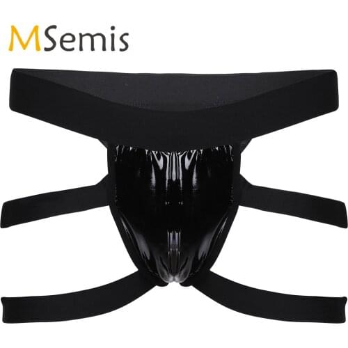 Men Strappy Patent Leather Jockstrap Underwear Underpants T-Back Lingerie Nightwear Club Stage Dancing Performance Costume