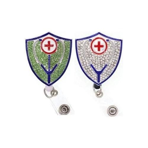 New Design Enamel Rhinestone Shield Shape Brooch Rhinestone Retractable ID Badge Reel Holder