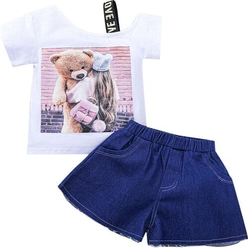 0-6Y Fashion Kids Baby Girl Clothing Bear Print One Shoulder Short Sleeve White Top T-shirt+Denim Shorts Summer Outfits Set