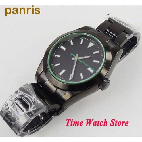 Parnis 40mm PVD Miyota 8215 Automatic wrist mens watch black dial flash hand luminous sapphire glass 1053