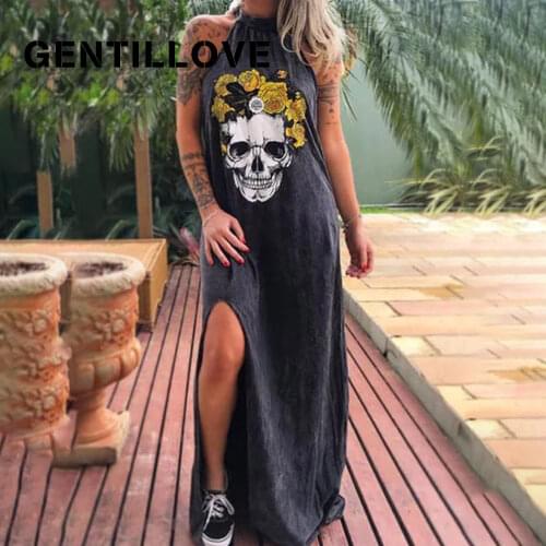 Sexy Sleeveless Halter Neck Shirt Long Dress Vintage Gothic Skull Print Black Dress 2021 Summer Oversized Cotton Long Dress