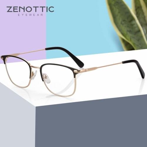 ZENOTTIC Semi Glasses Frame Men Business Metal Square Myopia Optical Spectacles Eyewear Clear Lens Prescription Eyeglasses Frame