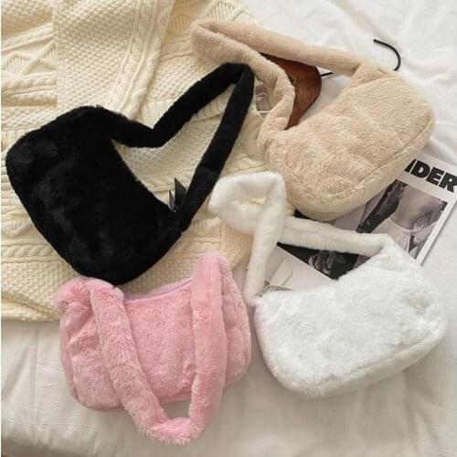 Simple Design Women Soft Plush Shoulder Bags Winter Furry Ladies Clutch Purse Handbag Fashion Female Baguette Underarm Bag