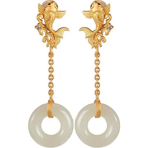 S925 sterling silver gold plated Calm Hetian jade Ear studs Retro Temperament Carp Peace buckle Eardrops Earrings