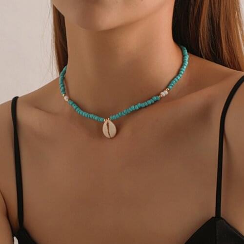 Bohemian Green beaded Choker necklace Shell Pendant Necklace for women girl Beach Shell Choker Collar Summer accessories Jewery