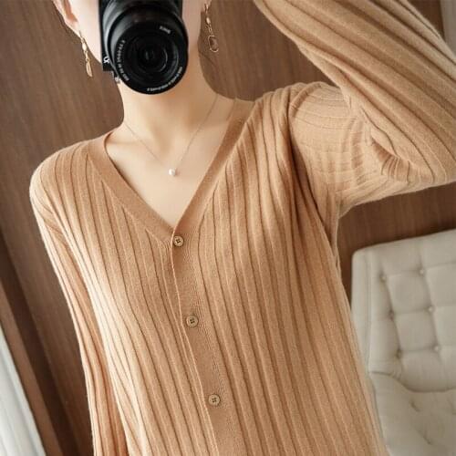 Spring And Autumn 100% Wool Korean Style V-neck Knitted Sweaters Women Cardigan Female Casual Long Sleeve Jacket Tops M--XL