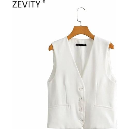 Zevity Women Simply Sleeveless White Vest Jacket Office Ladies Wear Single Breasted Slim WaistCoat Leisure Outwear Tops CT731