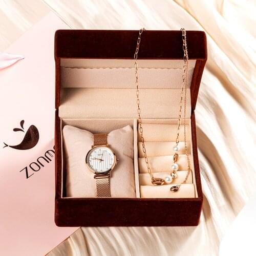 Womens Gift Sets 2Pcs/Set Wrstwatchwomen IP Gold Plated Band Simple Small Watch Case and Stainless Steel Necklace Gift Set