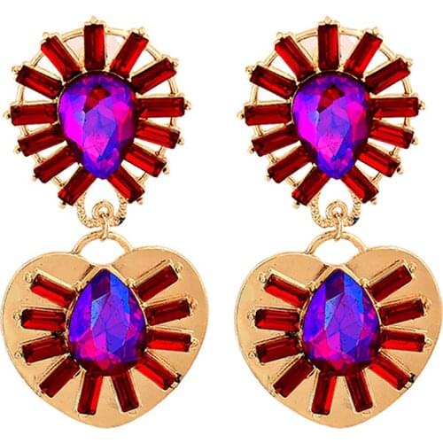 ZHINI Fashion Rhinestone Inlaid Colorful Crystal Stone Statement Earrings for Women Boho Vintage Gold Color Heart Dangle Earing