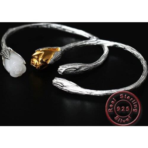 Amxiu Handmade Natural Stone Open Bangle 925 Sterling Silver Bud Flower Bangles For Women Girl Valentines Gift Two Tone Jewelry