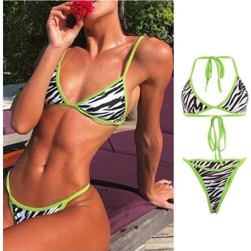 Women Sexy 2 Piece Bikini Set Neon Green Trim Zebra Striped Print Swimsuit Padded Halter Tops Bra Thong Beach Vacation Bathing