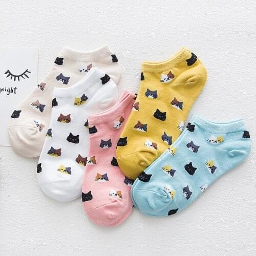 10Pcs=5Pairs/Set Women Cartoon Funny Animal Boat Socks Summer Creative Cute Multiple Cat Heads Low Cut Cotton Ankle Socks Mujer