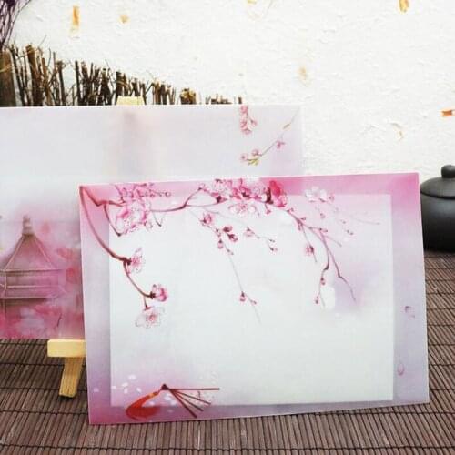 200pcs Envelope Paper Bag Pink Japan Cherry Sakura Blossom Painting Design Artificial Parchment Post Card ZA4856