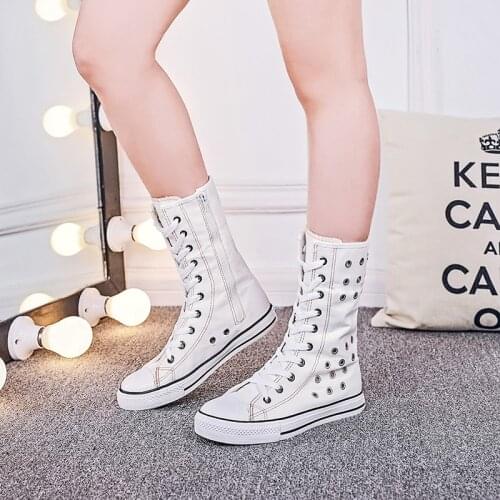 35-43 Canvas Women fashion High-top Breathable Hollow flat boots Long-barreled casual flats boots Height Increasing Shoes MA-82