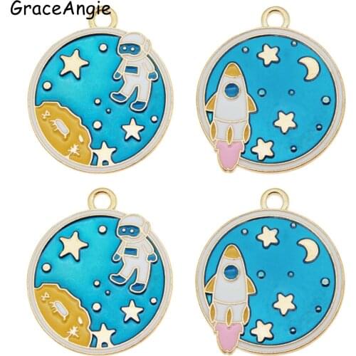 4pcs Astronaut Rocket Pendant Blue Charms For Baby Earring Making Star Moon 29*25mm Enamel Charms Necklace Bracelet DIY Crafts