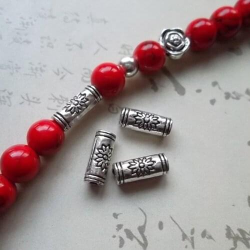 50pcs/lot Vintage Flower Metal Loose Tube Beads 10x4mm Tibetan Silver Ornament Spacer Beads DIY Jewelry Making Bracelet Necklace