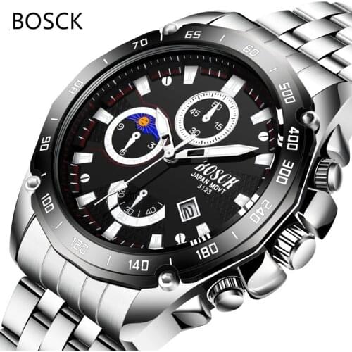 BOSCK Mens Watches Steel Sports Calendar Leisure Waterproof Multi-functional Quartz Watches Silicone Tape Watches for Male Reloj
