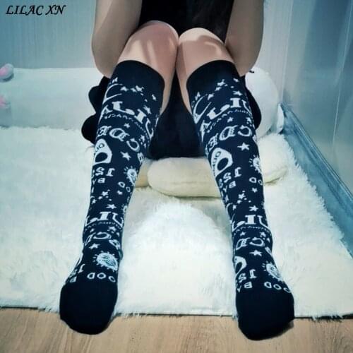 Gothic Harajuku Sun Star Moon Printed Womens Stockings Punk Y2K Black Letter Magic Long Socks Streetwear Socks 2021 New Fashion