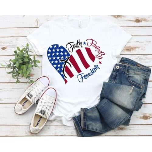 Faith, Family & Freedom Family Fourth JulyPatriotic T-shirt Cotton Female Clothing Funny Graphic Short Sleeve Women O Neck Tees