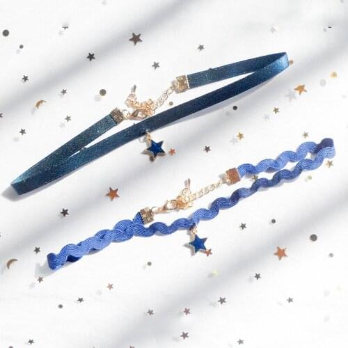 Harajuku Cute Blue Star Pendant Choker Necklaces Collar for Women Fashion Korean Style Wave Ribbon Chain Cosplay Jewelry FSN10