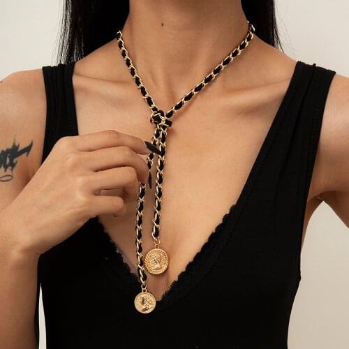 IngeSight.Z Punk Twisted Metal Black Velvet Knot Choker Necklace Collar Women Vintage Carved Coin Pendant Long Necklaces Jewelry