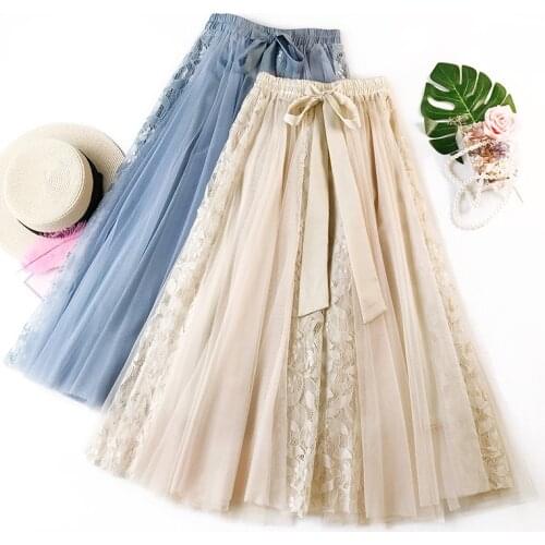KL385 Hot Sale Women Lace Skirts Elegant Mesh High Waist Skirt For Female Clothing Korean Style Summer Long Skirt