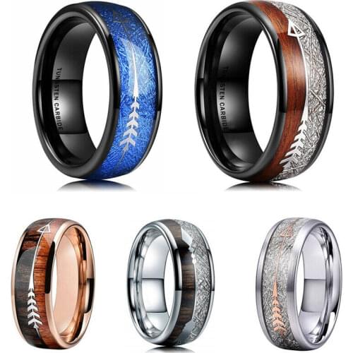 FDLK 8mm Rose Gold Stainless Steel Tungsten Carbide Rings Hawaiian Koa Wood Arrow Inlay Mens Jewelry